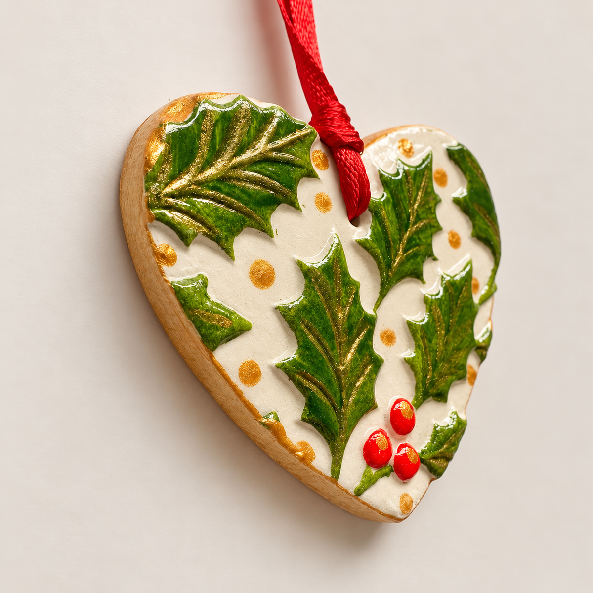 Handmade Clay Holly Christmas Heart Decoration