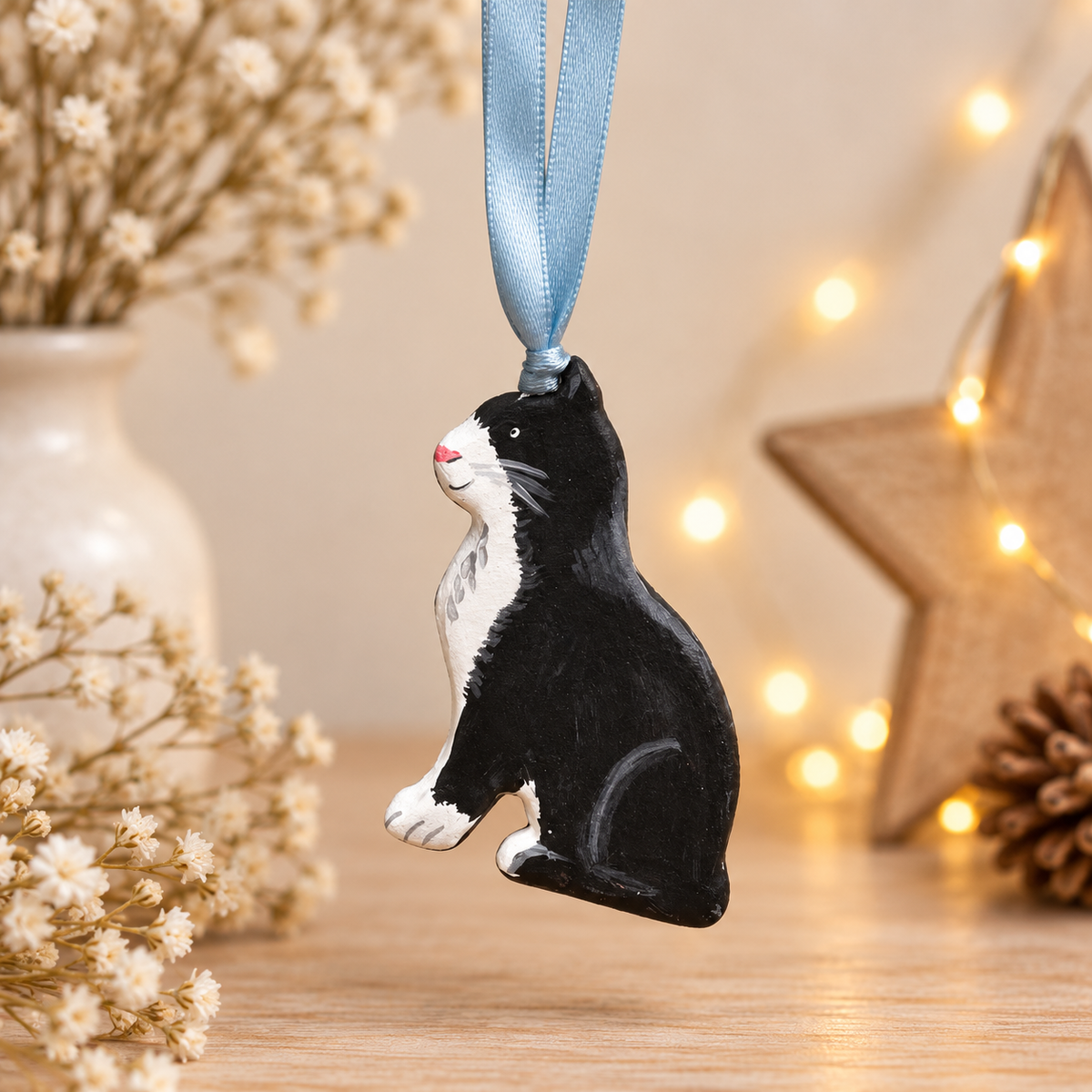 Handmade Black & White Tuxedo Cat Clay Christmas Ornament