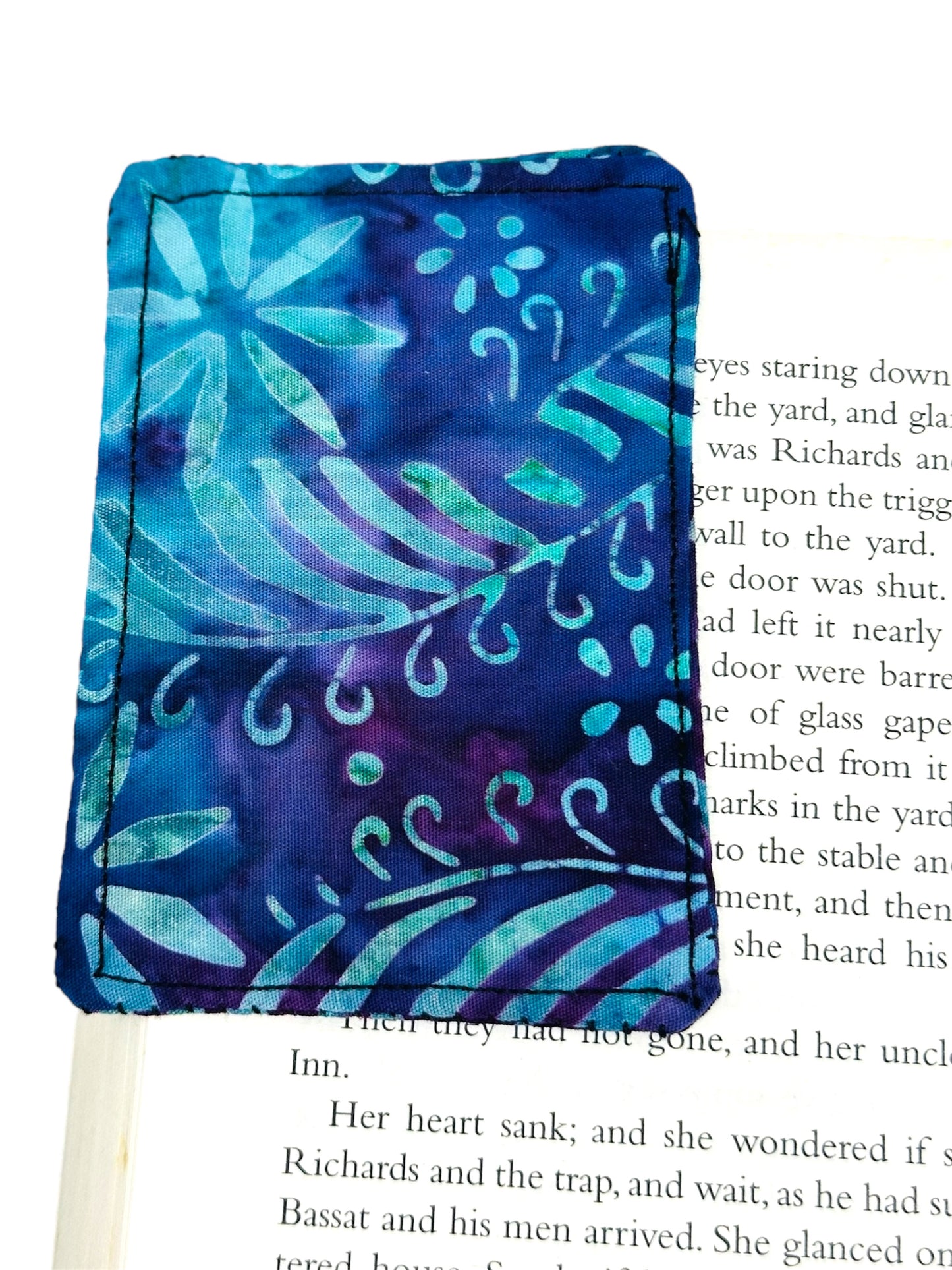 Blue and purple patterned bookmark, showing back of bookmark