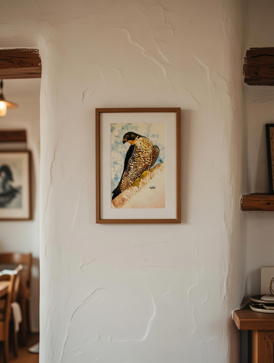 Framed artwork of a bird of prey on a textured wall with wooden shelves.