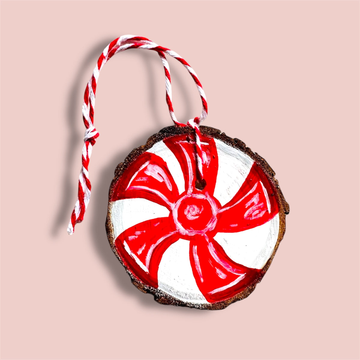 Hand Painted Peppermint Candy Cane Wooden Ornament