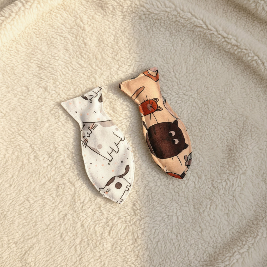 Two small fish-shaped fabric cat toys with cat illustrations, one in beige and black and one in white and gray, displayed on a plain white surface.