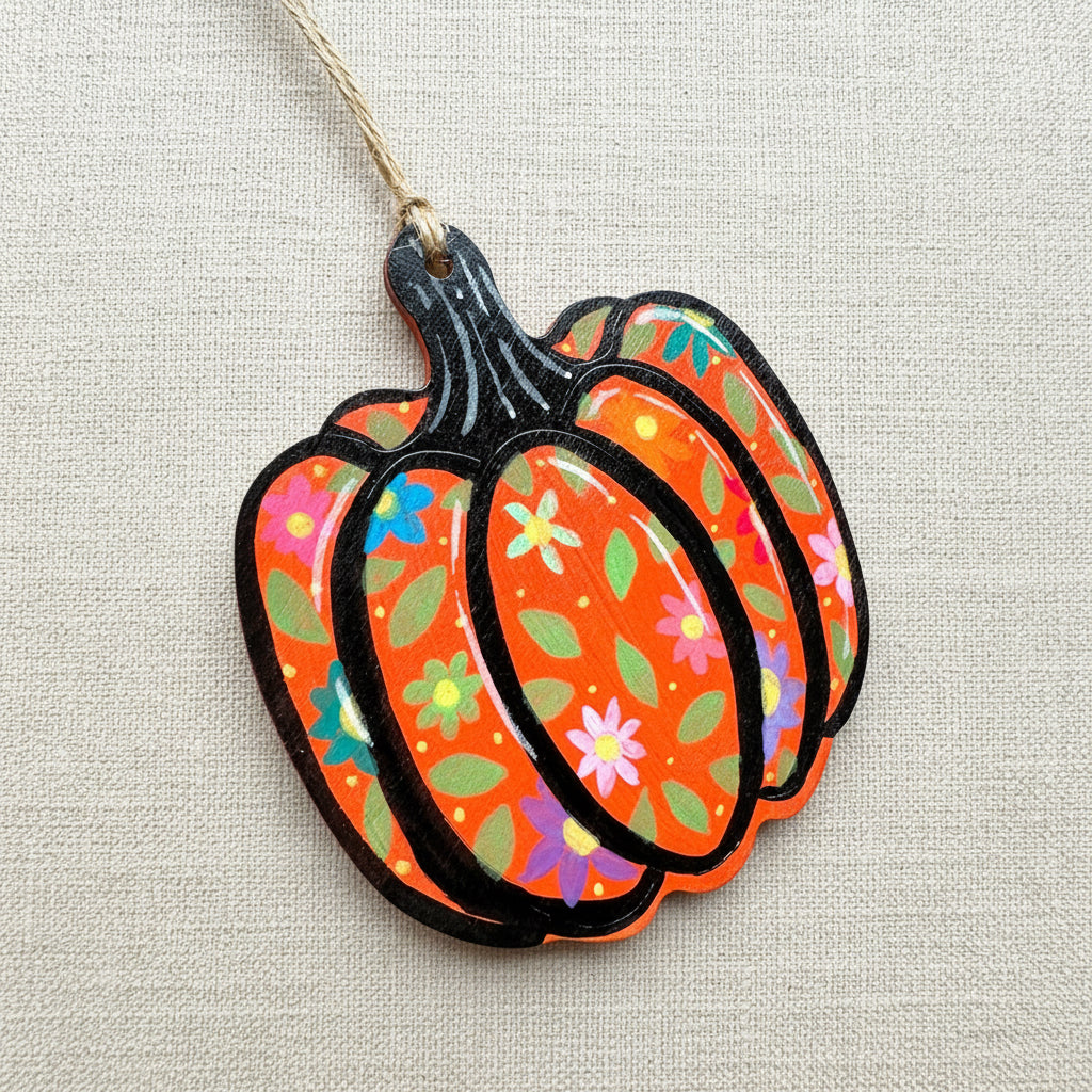 Decorative wooden pumpkin ornament with floral patterns
