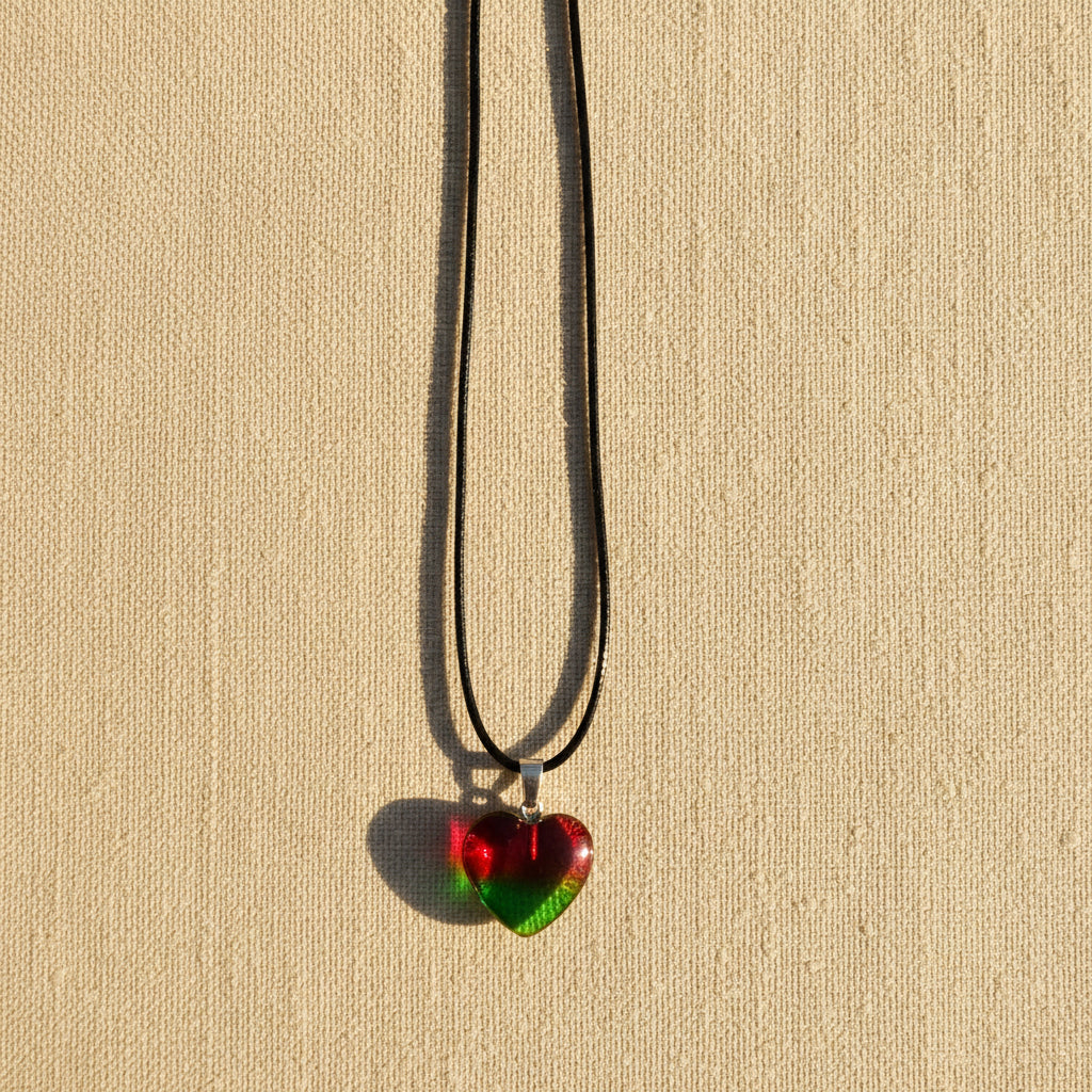Heart-shaped pendant with red and green colours on a black cord against a light background