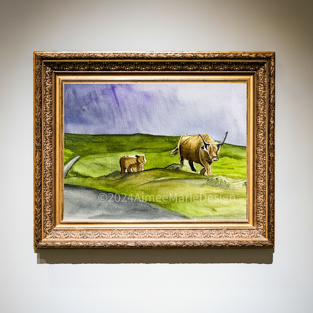 Original watercolour painting of highland cows in a Scottish landscape with a rainy sky background, framed and displayed on a wall.