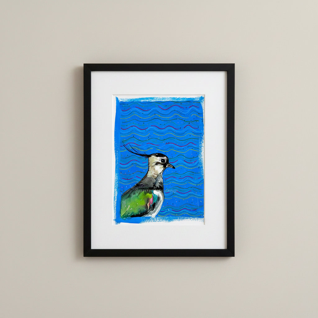 Lapwing original painting shown in frame