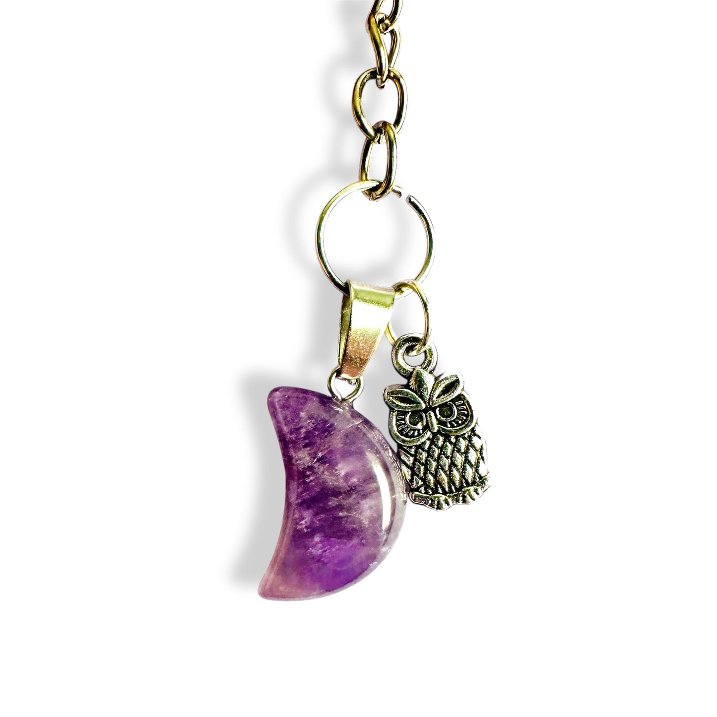 Purple stone moon shaped pendant with an owl charm keychain