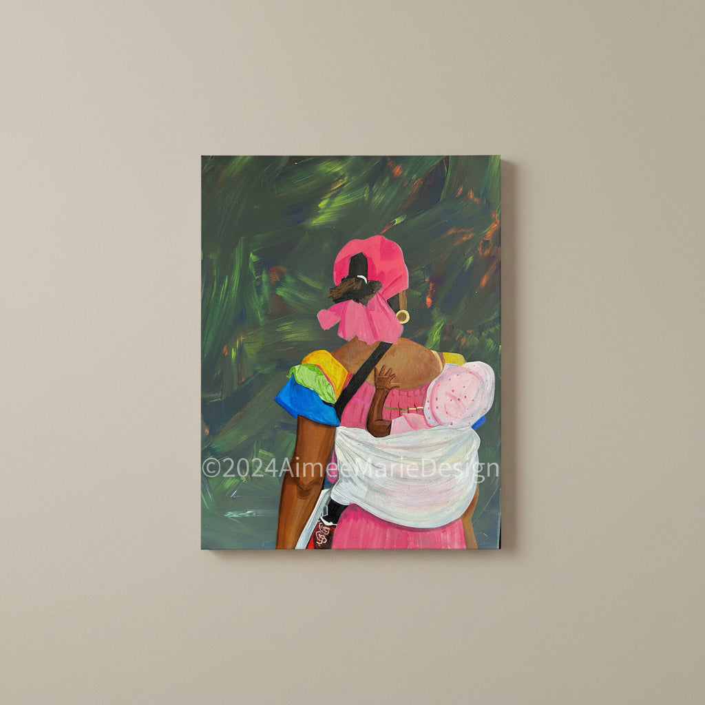 An acrylic on canvas painting depicting a mother and child, with the mother wearing vibrant colors and the child swaddled in a blanket on her back.
