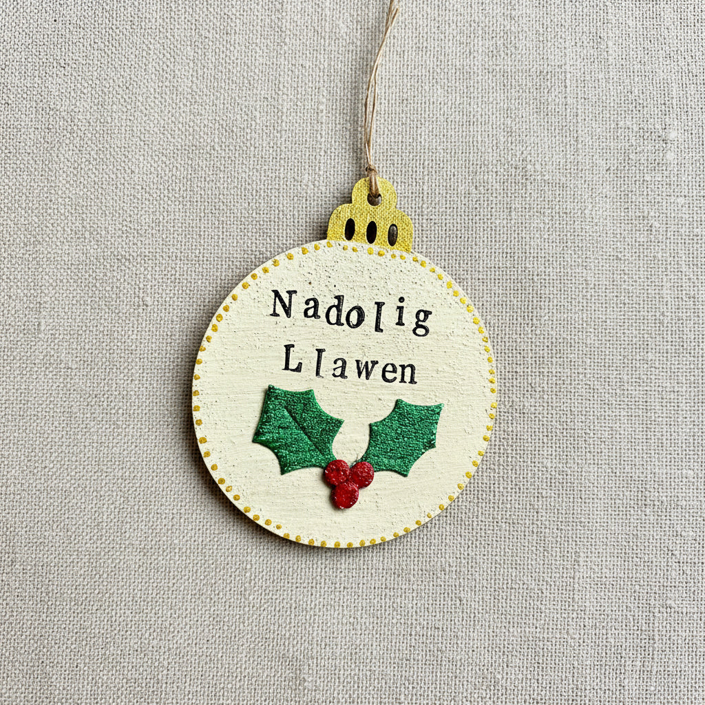 Decorative ornament with 'Nadolig Llawen' text and holly design on a neutral background