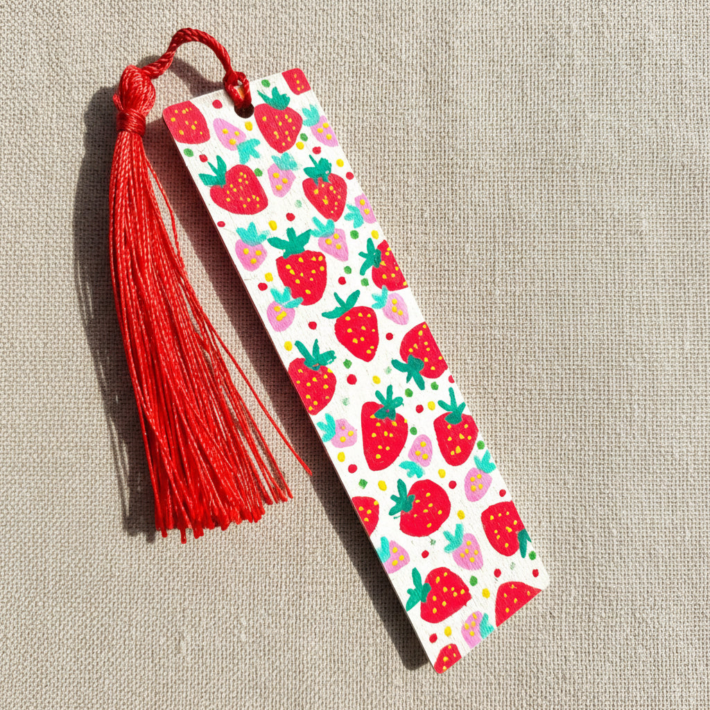 Bookmark with strawberry pattern and red tassel on a linen background