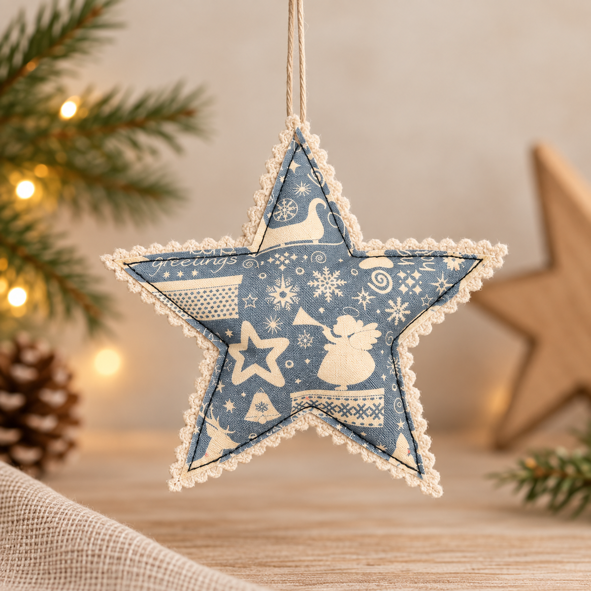 Handmade blue and ivory patterned fabric Christmas star decoration with felt backing and hanging loop.