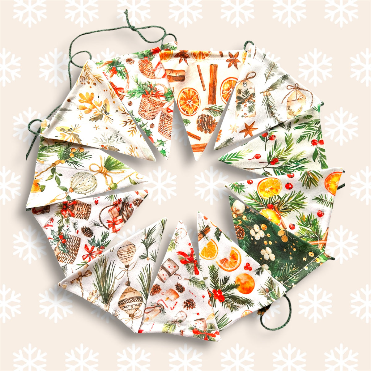 Handmade Christmas fabric bunting with 12 moveable festive flags on green twine