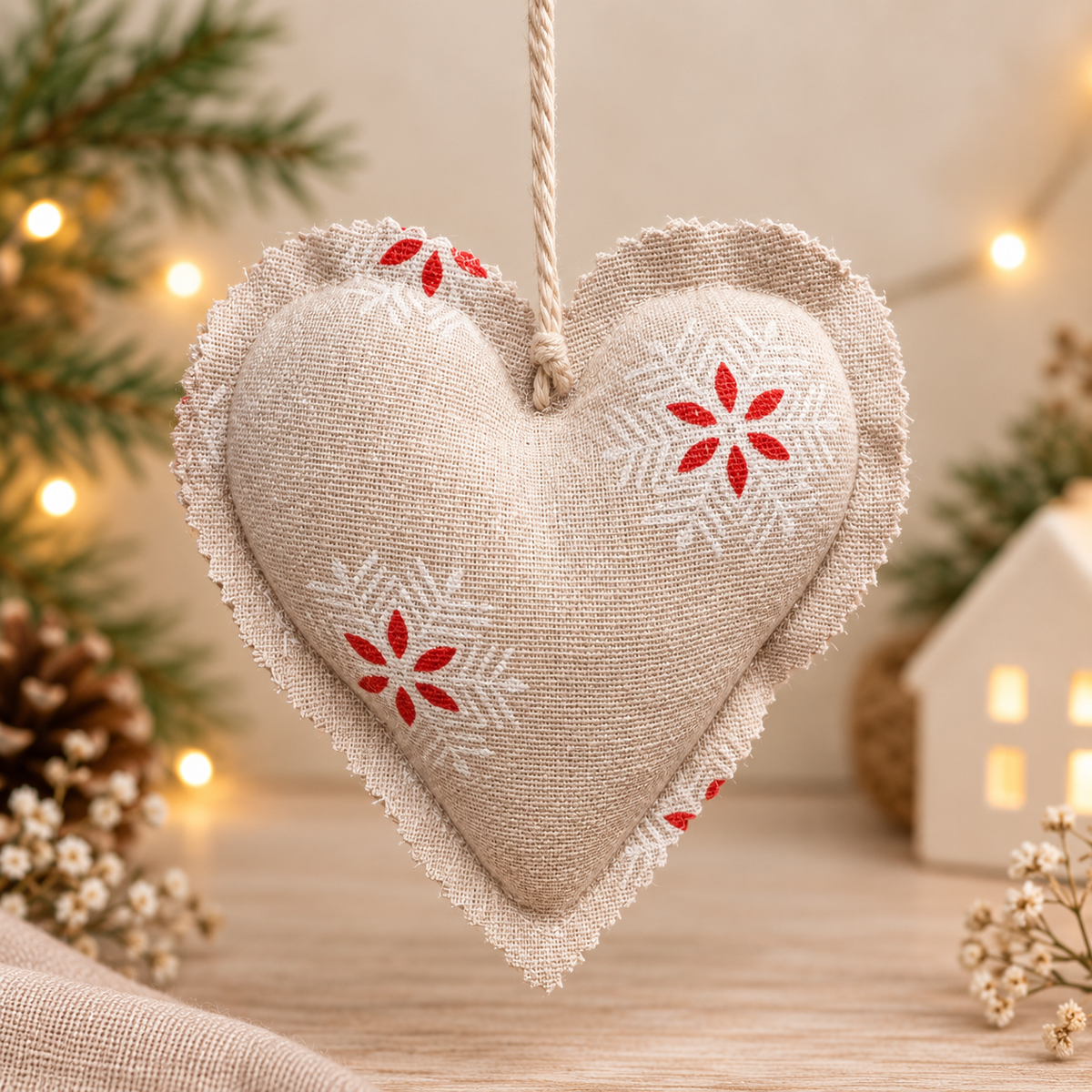 Handmade neutral fabric Christmas heart ornament with delicate red and white details and a natural twine hanging loop.