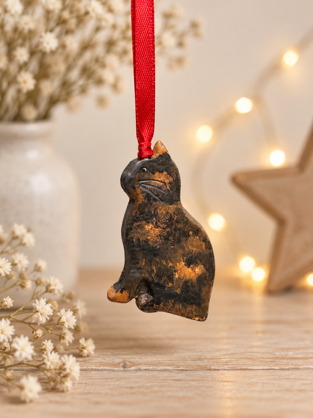 Handmade tortoiseshell cat clay Christmas ornament with a red ribbon, photographed against a warm neutral background with soft fairy lights.