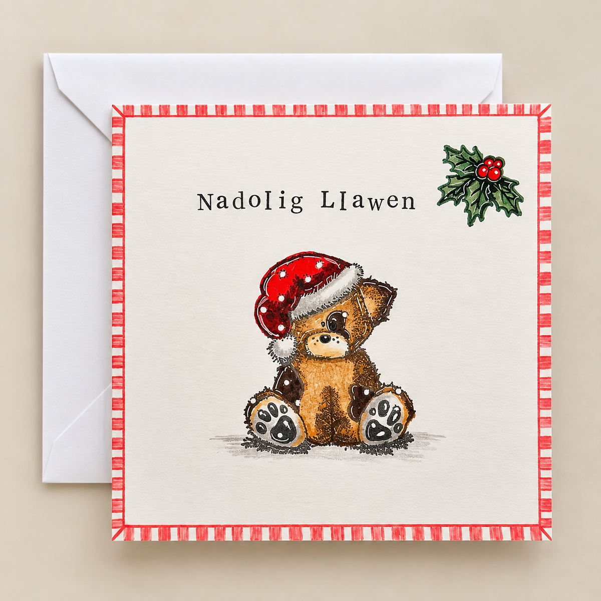 Handmade Welsh Christmas card featuring a teddy bear wearing a Santa hat, with Nadolig Llawen greeting and holly detail.