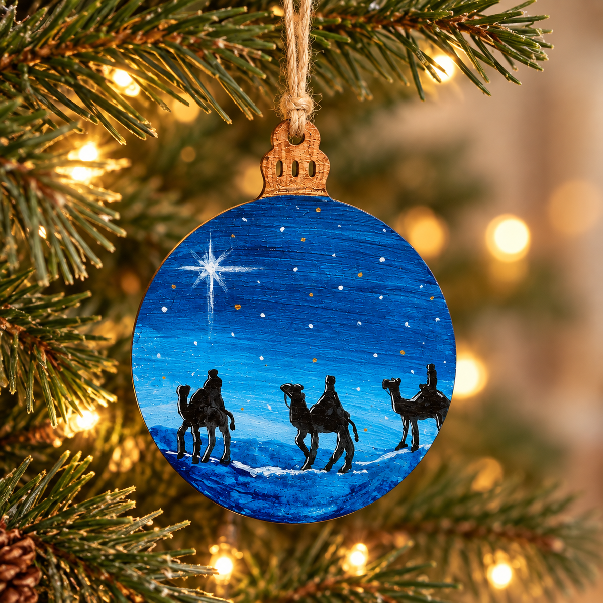 Hand painted wooden Christmas ornament showing three wise men on camels hanging on a Christmas tree.