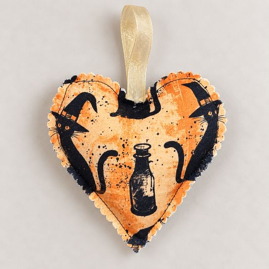Handmade Halloween Fabric Heart Hanging Decoration – Witch Cats & Potion Bottle