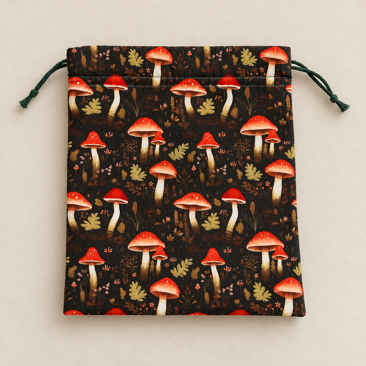 Handmade Woodland Mushroom Drawstring Bag – Black Reversible Style Fabric Pouch