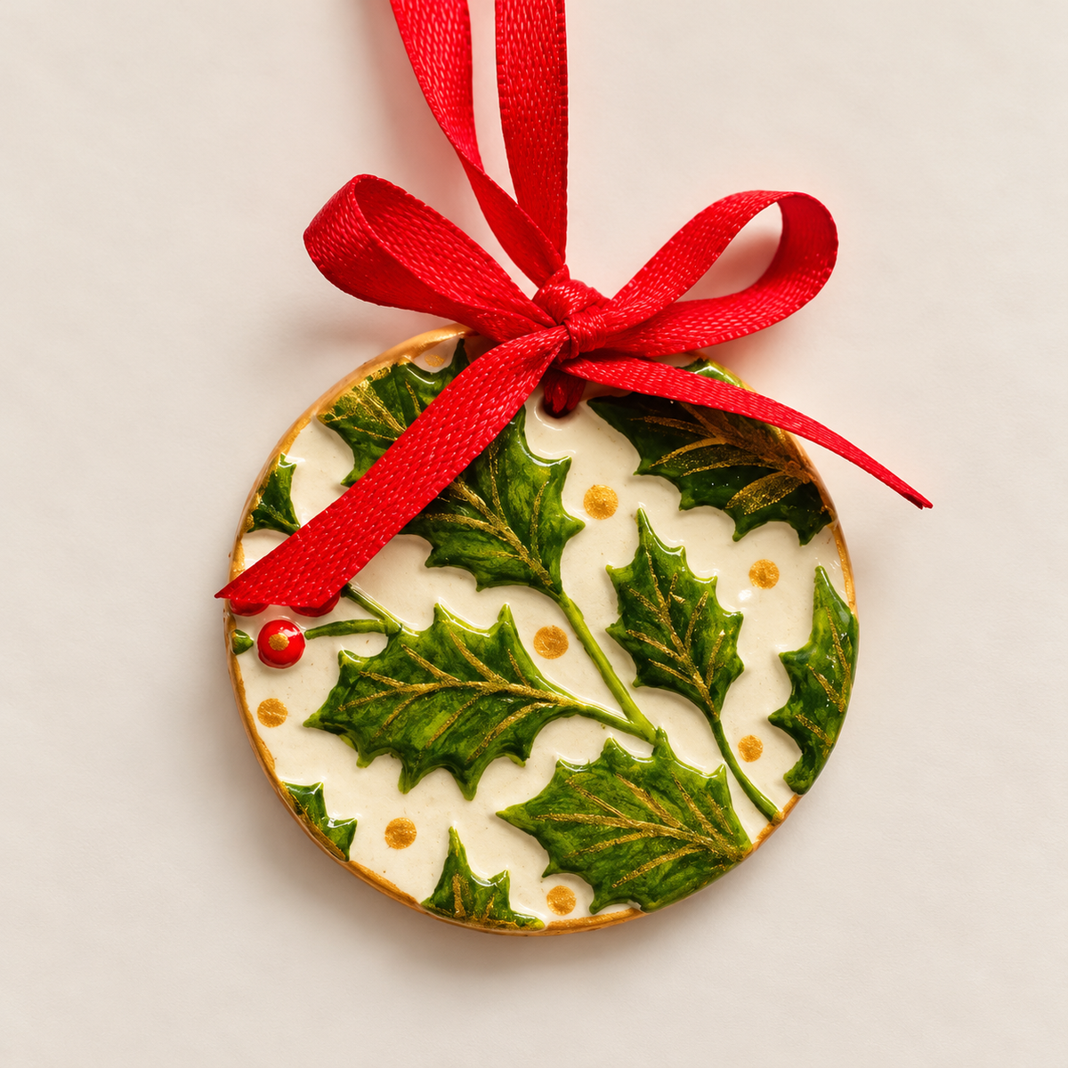 Handmade Clay Holly Christmas Decoration with Red Satin Bow