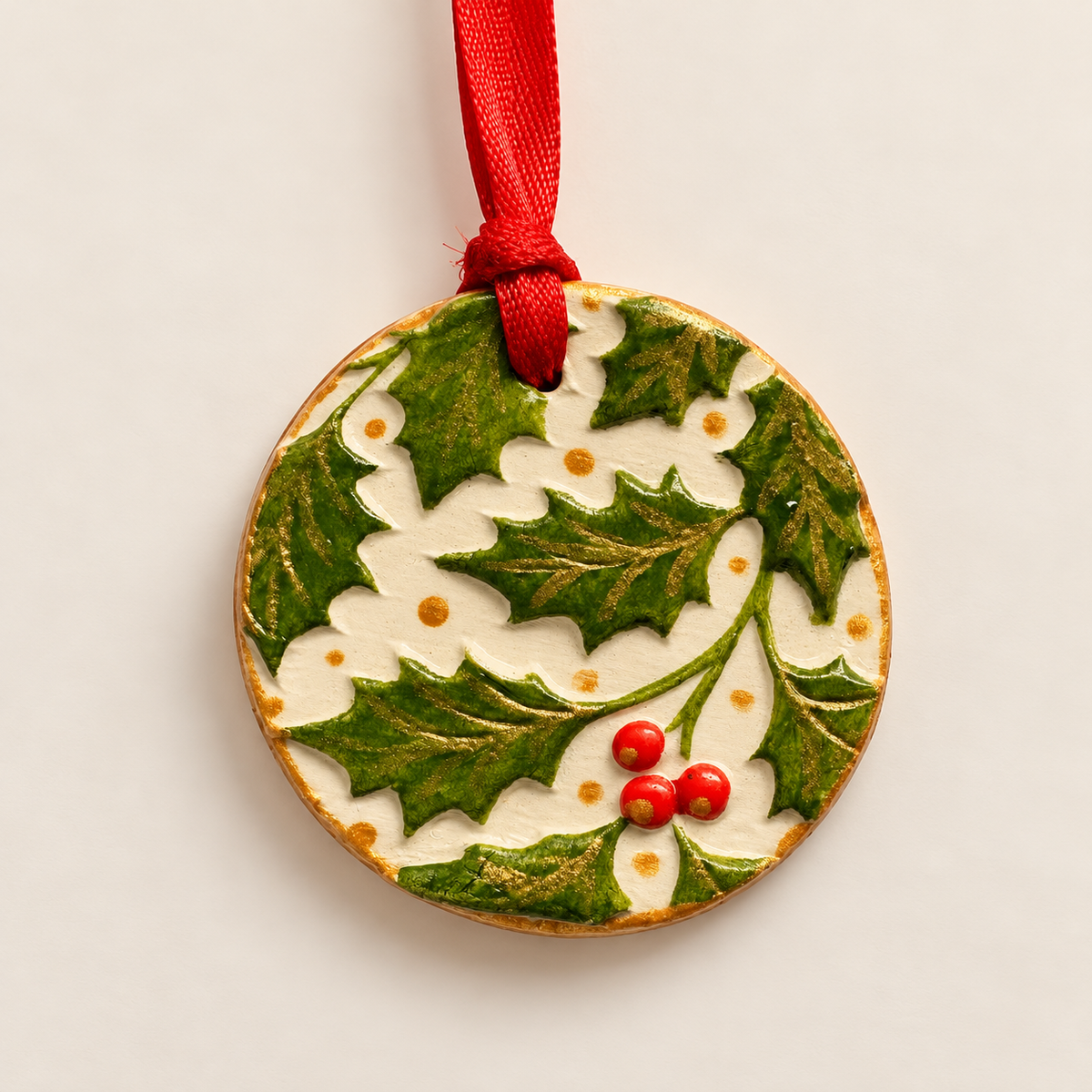 Handmade Clay Holly Christmas Tree Decoration – Round Ornament