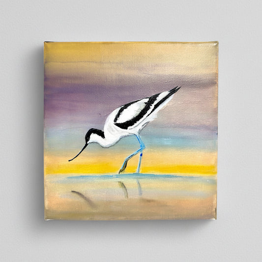 An acrylic on canvas painting featuring a black and white avocet bird with a yellow and purple background.