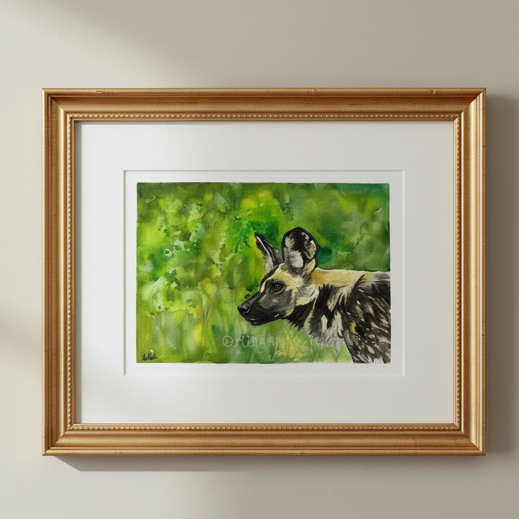 Original artwork of an African wild dog with a vibrant green background, created with watercolour and colored pencils.