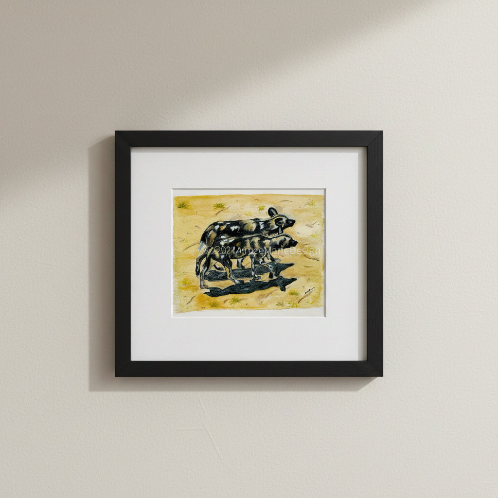 Original artwork of a pack of two African wild dogs in a landscape setting, created with watercolour pencils on paper.
