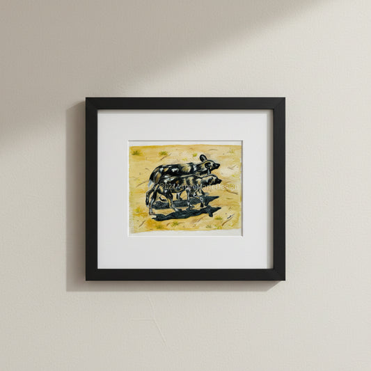 Original artwork of a pack of two African wild dogs in a landscape setting, created with watercolour pencils on paper.