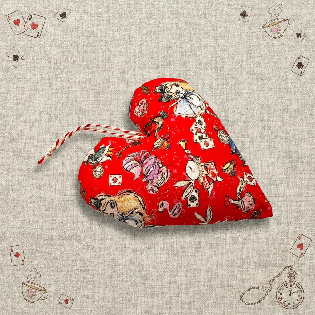 Heart-shaped red hanging heart decoration with Alice in wonderland cartoon character pattern fabric, red and white twine to hang 