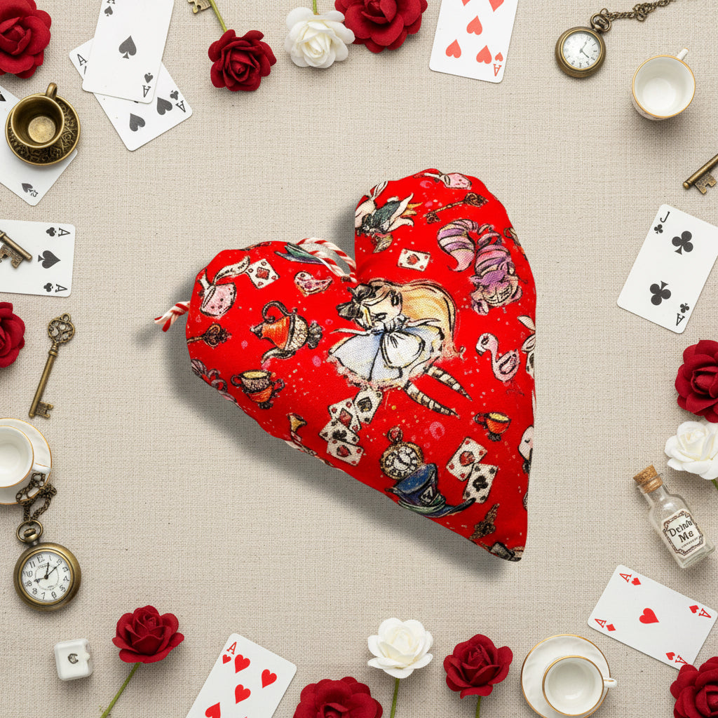 Heart-shaped fabric hanging heart with vintage-style Alice in wonderland illustrations on a red background, red and white twine to hang