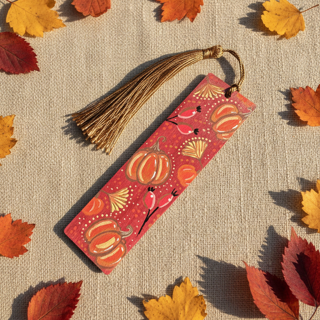 Wooden Bookmark with pumpkin design and tassel on a linen background 