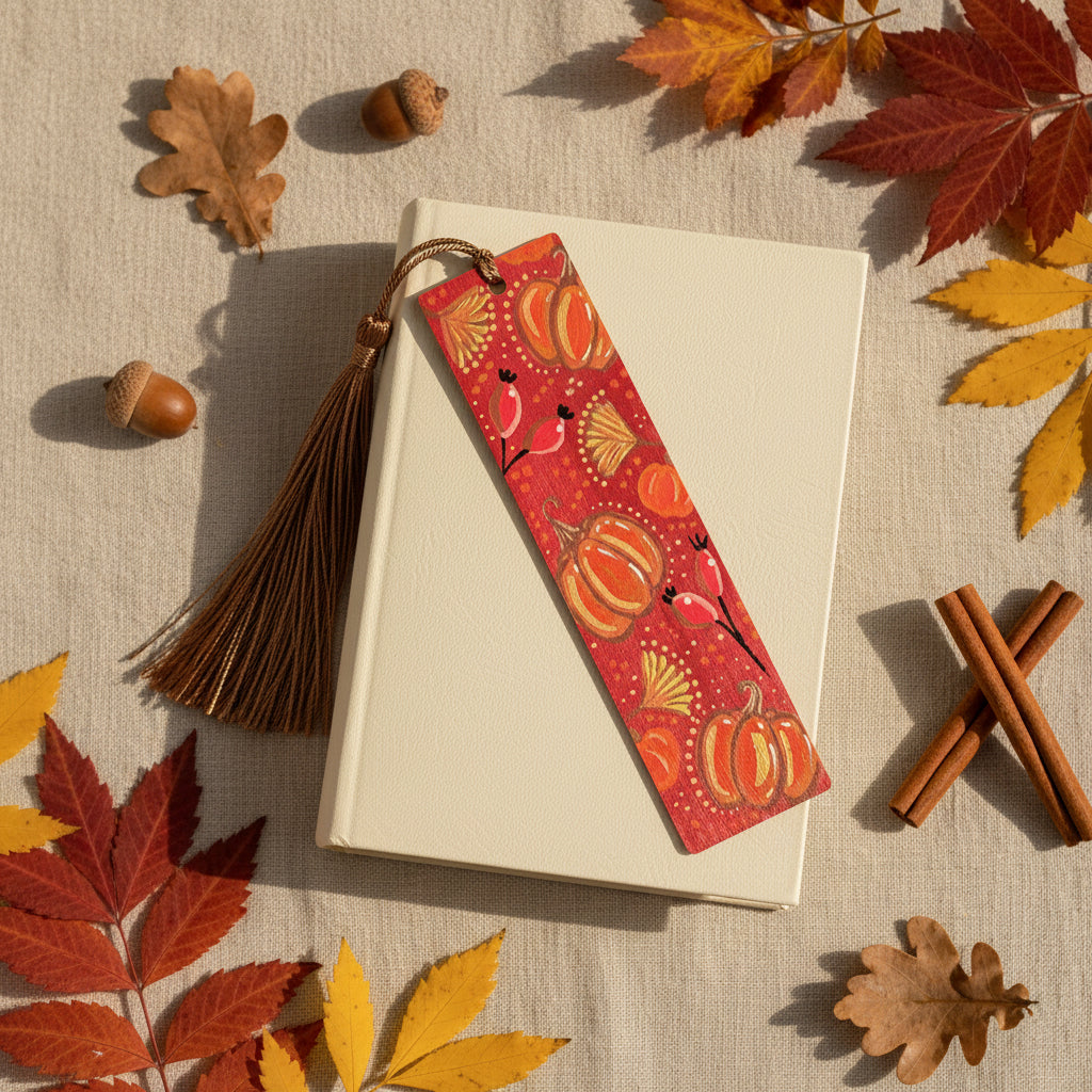 Wooden Bookmark with pumpkin design and tassel placed on a book
