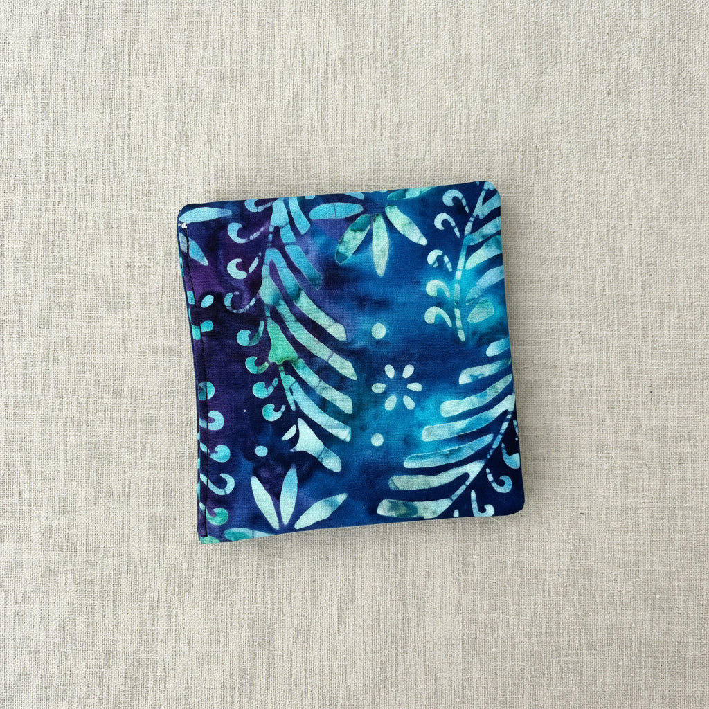 Blue and purple patterned fabric square corner bookmark