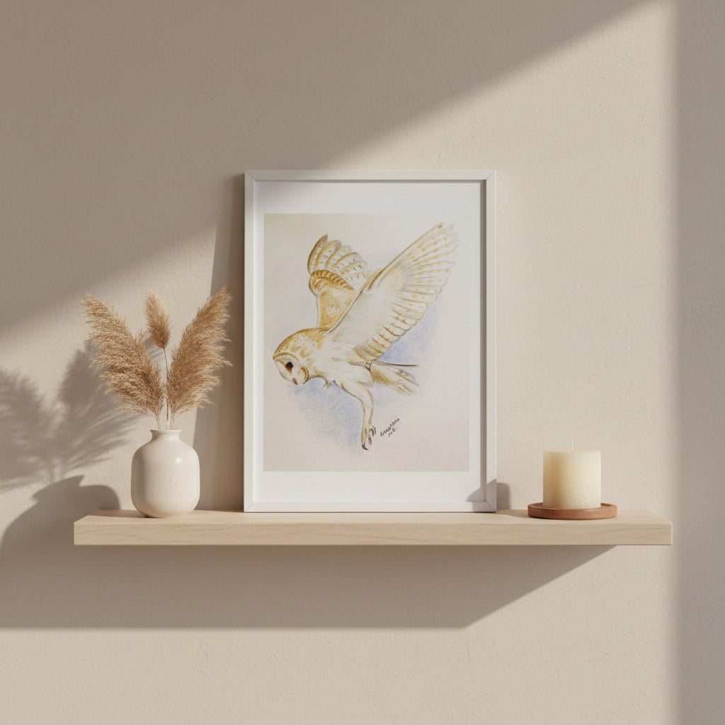 A coloured pencil drawing (print) of a barn owl on a white background, with a signature at the bottom.