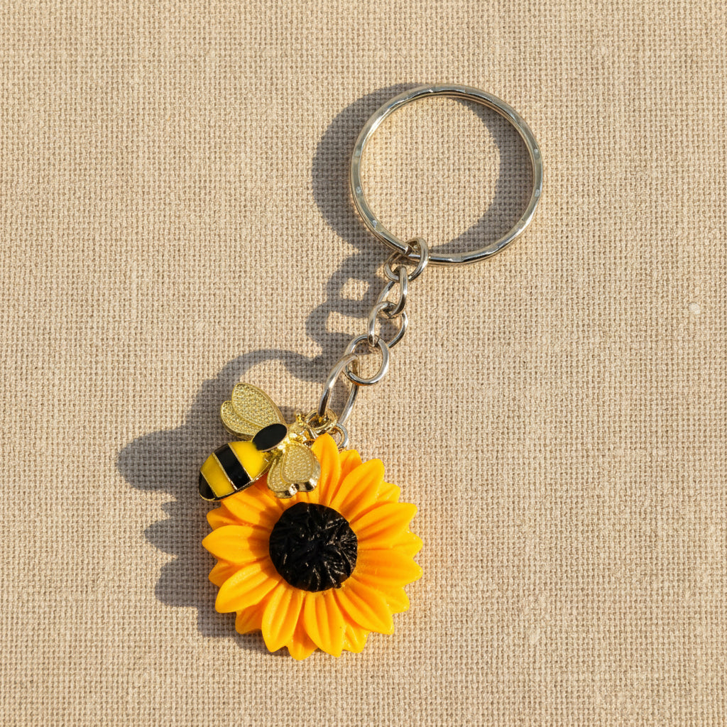 Keychain with sunflower and bee charm 