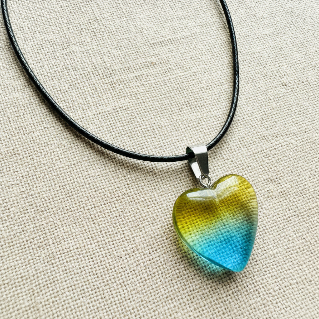 Heart-shaped pendant with a gradient of blue and yellow on a black cord against a neutral background