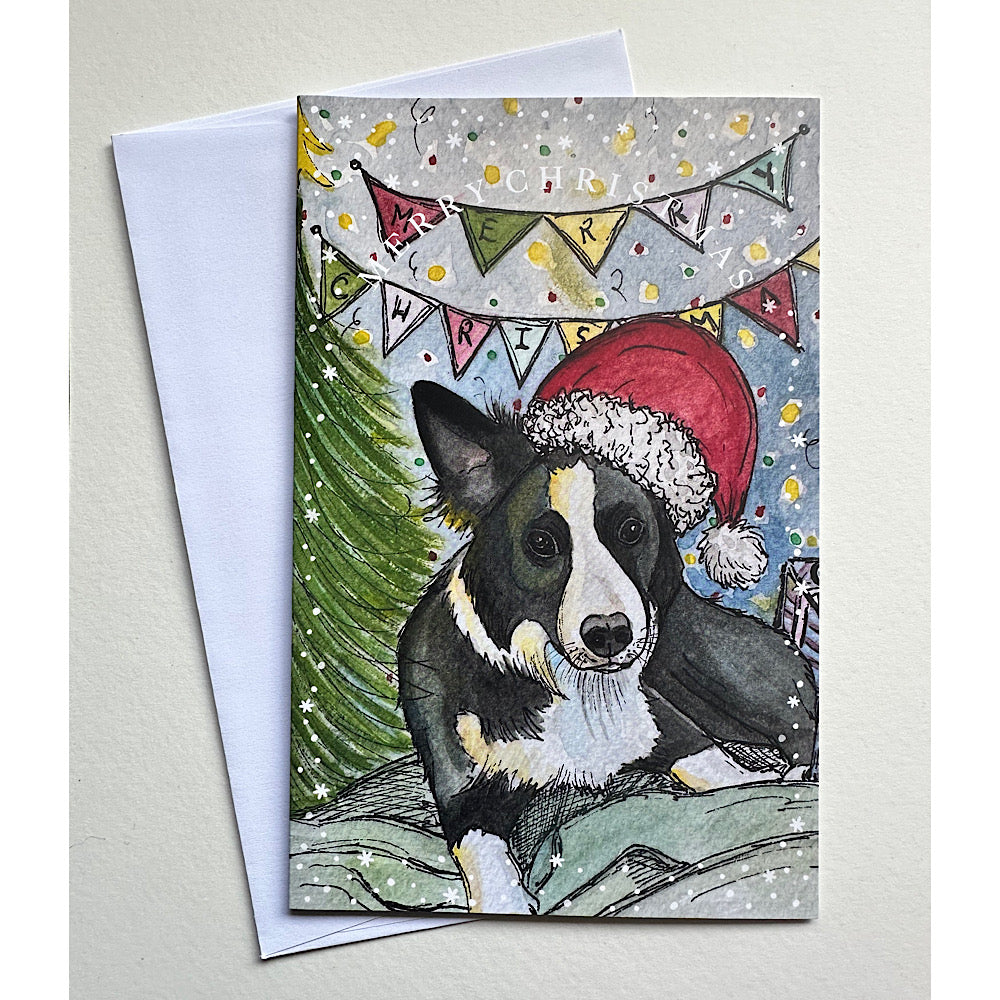 Watercolour Christmas Dog Card – Festive Dog in Santa Hat – Christmas Greeting Card