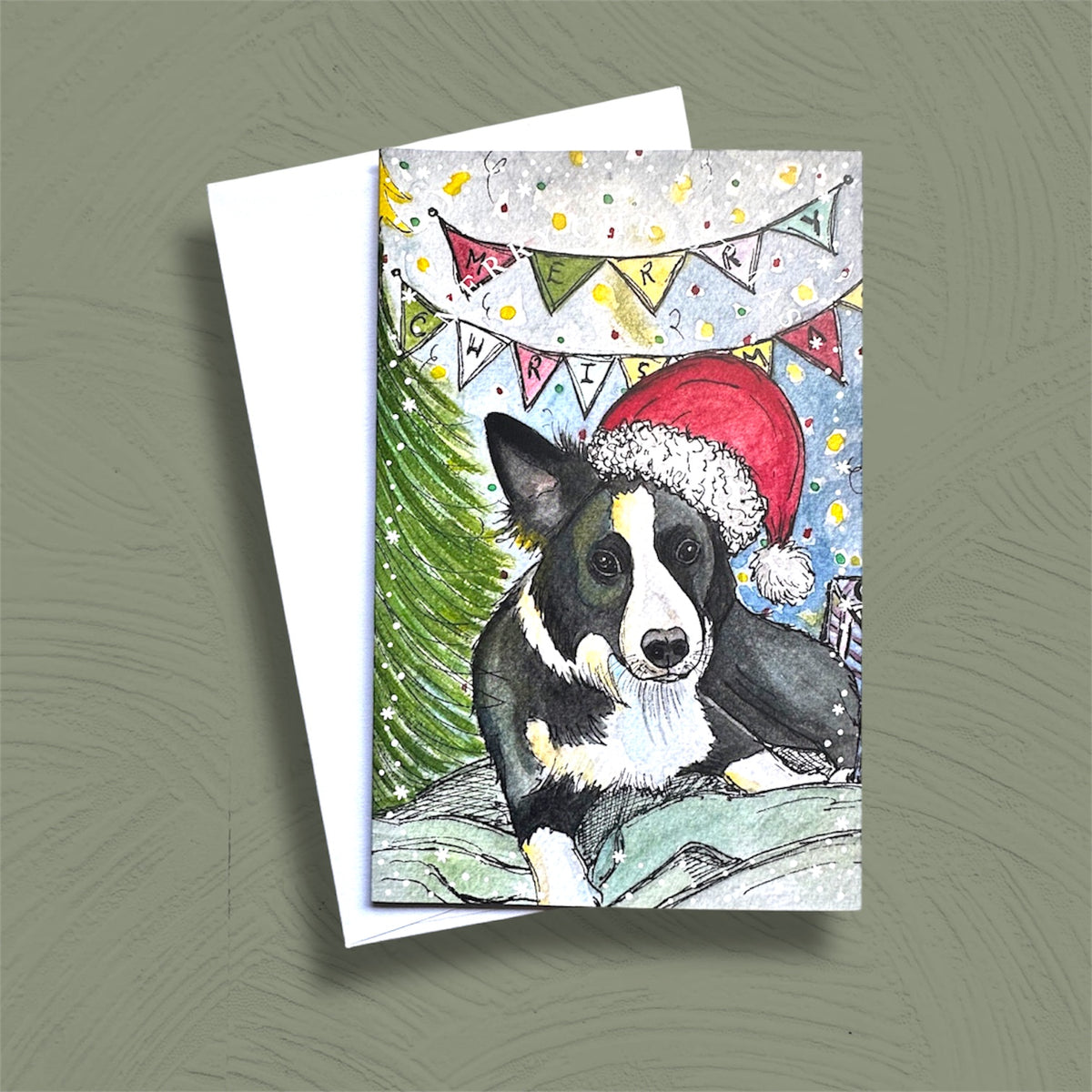 Watercolour Christmas Dog Card – Festive Dog in Santa Hat – Christmas Greeting Card