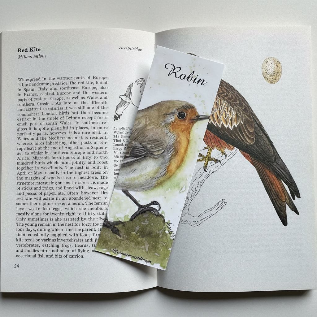A bookmark featuring a watercolor illustration of a robin perched on a branch, with the name 'Robin' written at the top, resting on a book page 