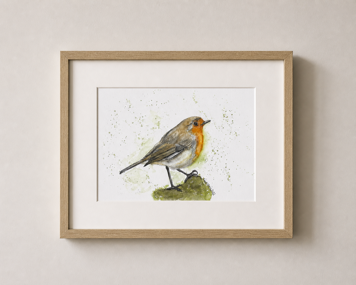 Print of a watercolour robin shown in a mounted frame 