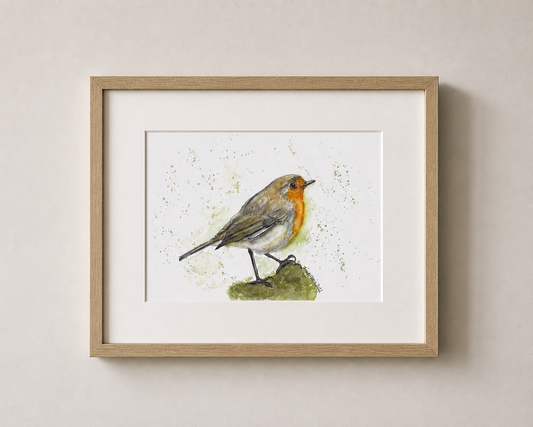Print of a watercolour robin shown in a mounted frame 
