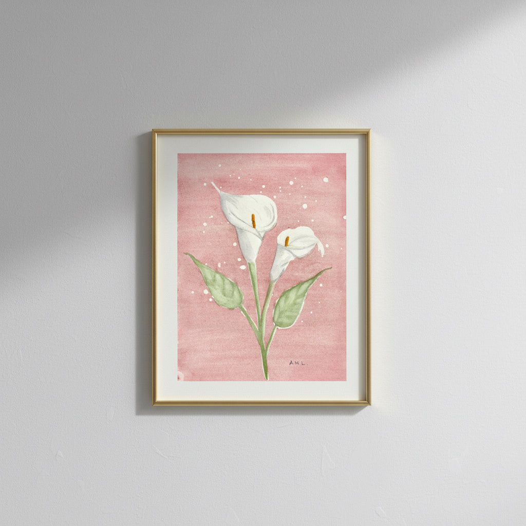 Art print of white lilies on a pink background