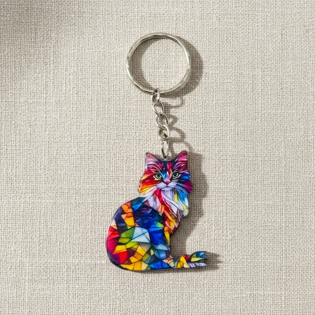 Colourful cat-shaped keychain on a neutral background