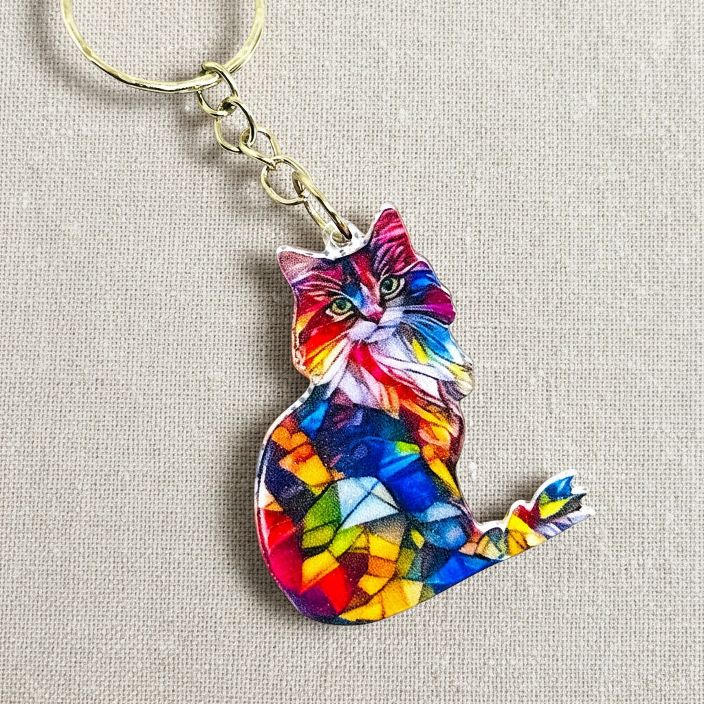 Colourful cat-shaped keychain on a light neutral background