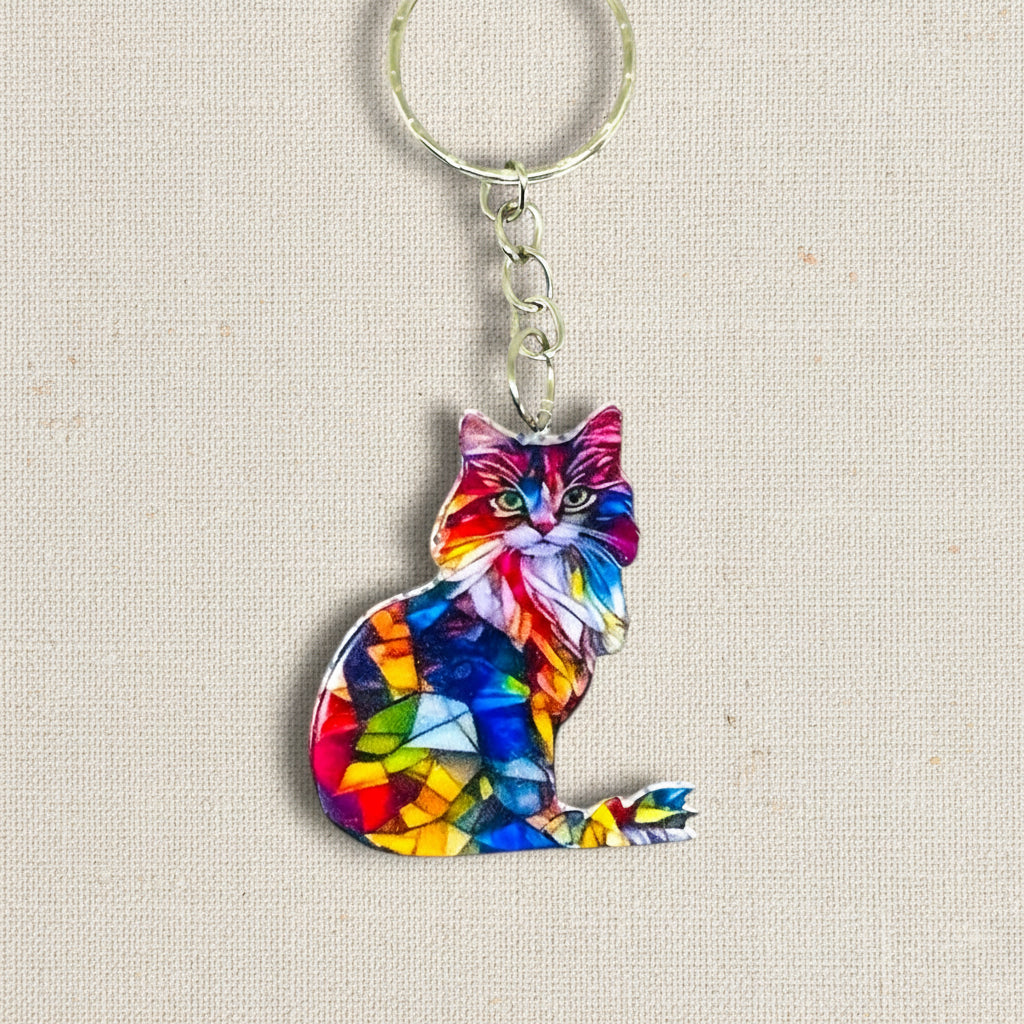 Colourful cat-shaped keychain on a light neutral background