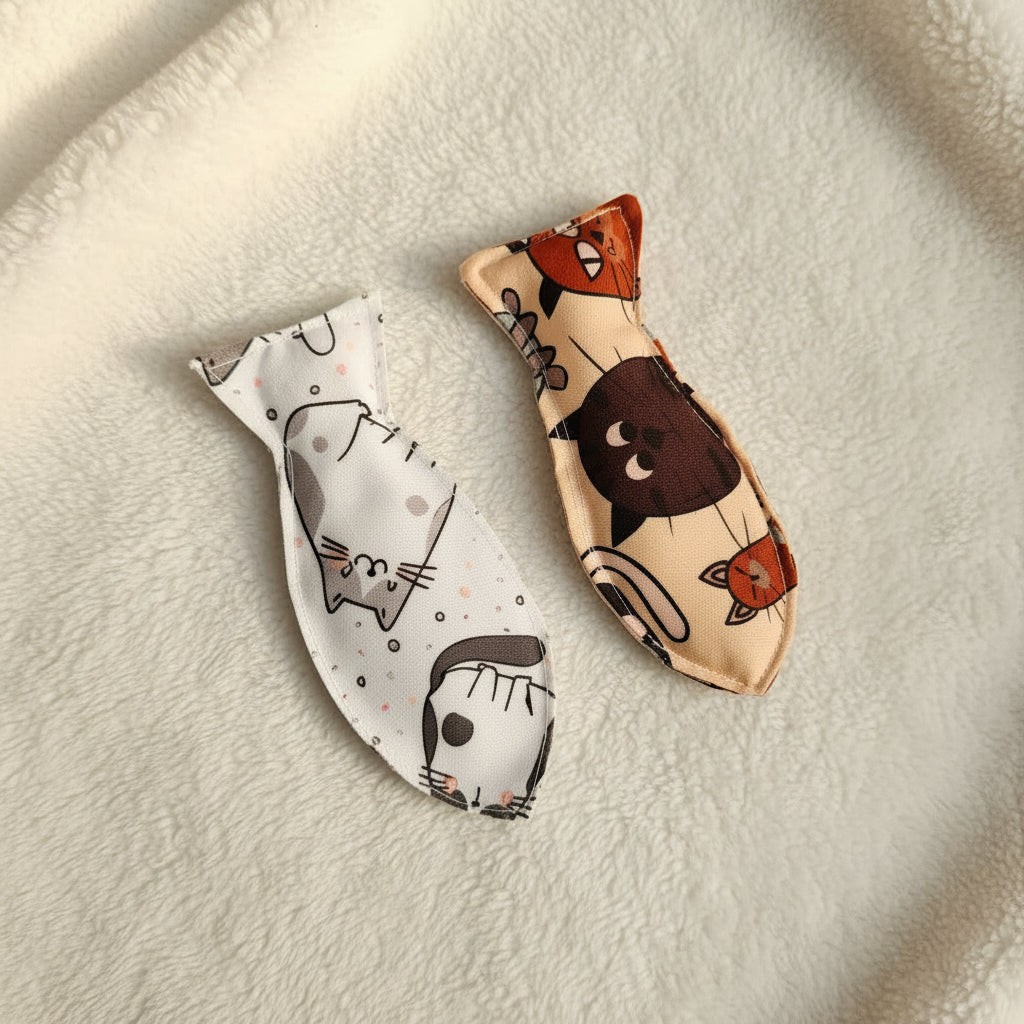 Two small fish-shaped fabric cat toys with cat illustrations, one in beige and black with orange accents, and one in white and gray, placed on a light gray surface.