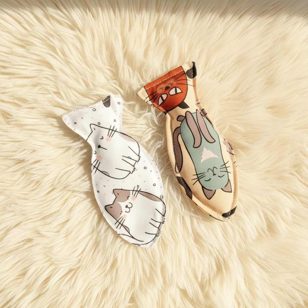 Two fish-shaped fabric pet toys with cat illustrations, displayed on a plain white surface. One toy features a beige background with a gray cat and a red fish tail, while the other is white with black and gray cat line art and small black dots.