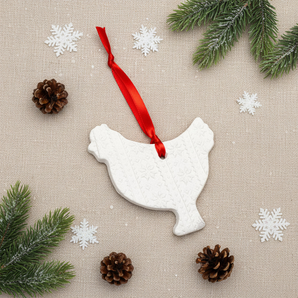 White chicken-shaped ornament with a red ribbon on a white background