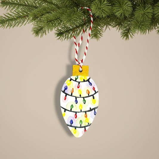 Decorative Christmas ornament shaped like a Christmas tree light bulb with colourful hand painted lights on a white background 