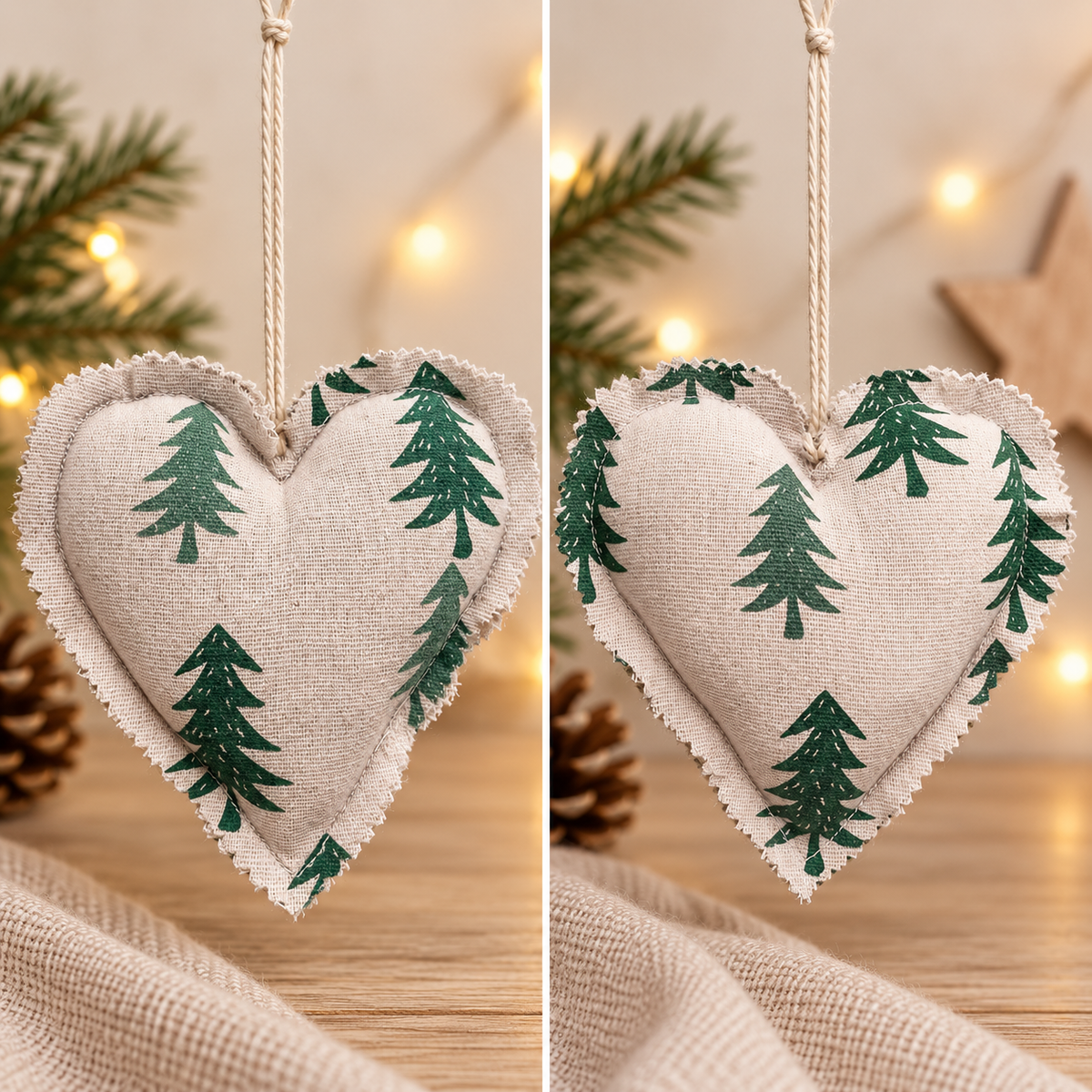 Handmade fabric hanging heart with green Christmas tree design and natural twine loop, photographed against a warm neutral background.